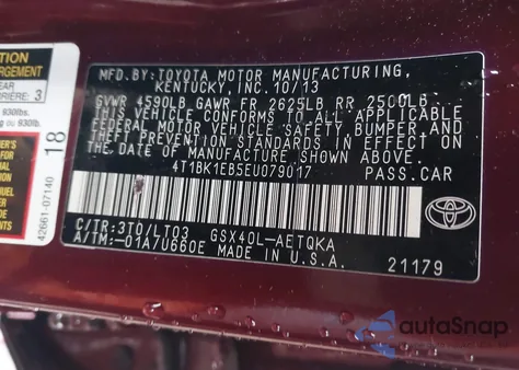 2014 Toyota Avalon Xle Touring z USA, uszkodzony, nr VIN 4T1BK1EB5EU079017